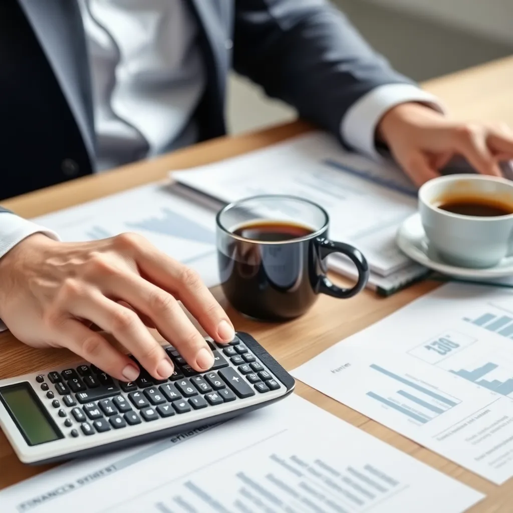 Persoon die financiële plannen bekijkt op een bureau met calculator