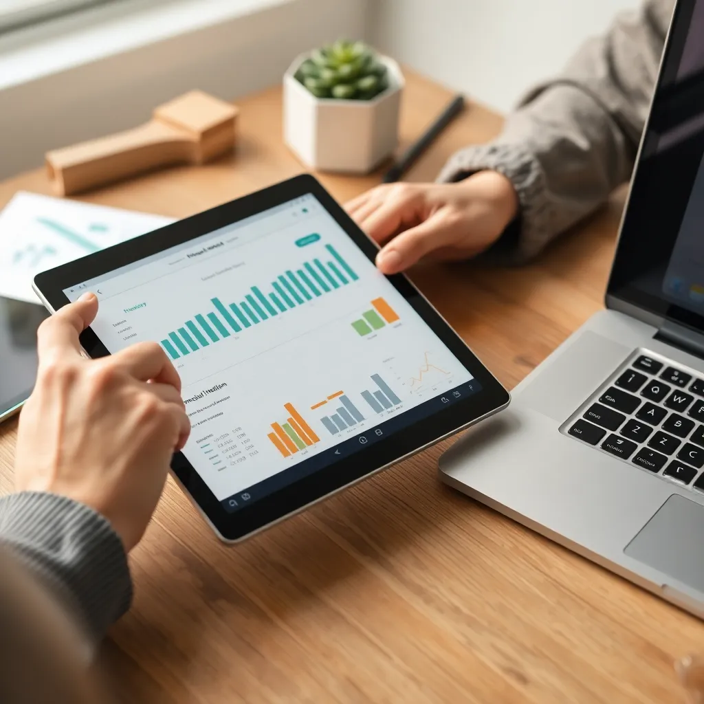 Persoon die financiële tools gebruikt op tablet en laptop